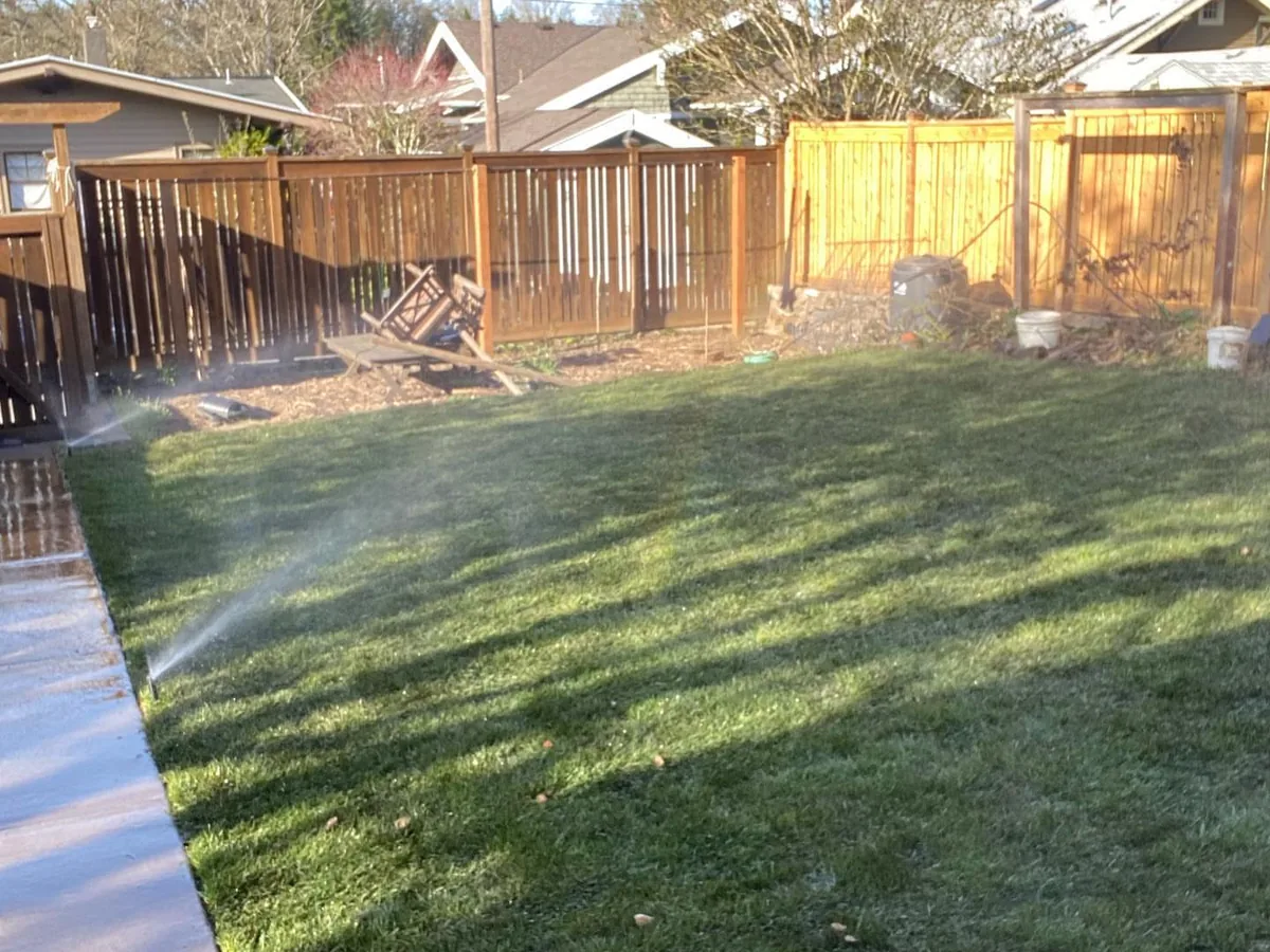 Sprinkler systems: pop-up sprinkler heads watering a new lawn beside a cedar fence